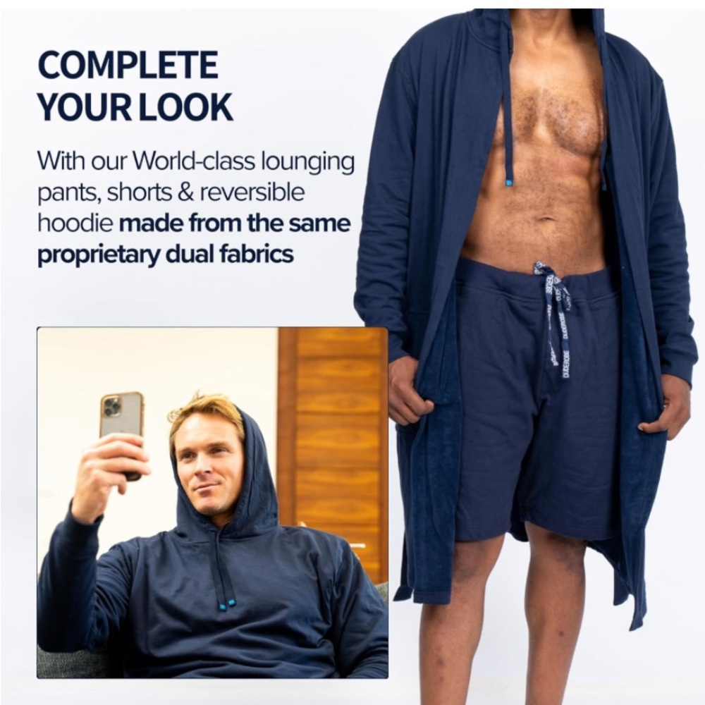 Dude Robe Sz S/M Navy Blue Terry Cloth Towel Lined Hooded Short Bath Sharktank